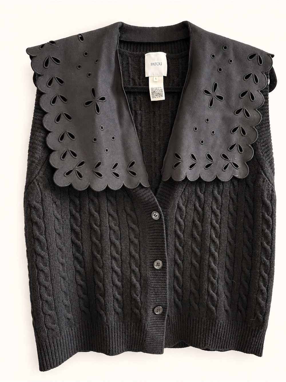 Patou Black Merino Wool Cable Knit Sleeveless Cardigan Collar L